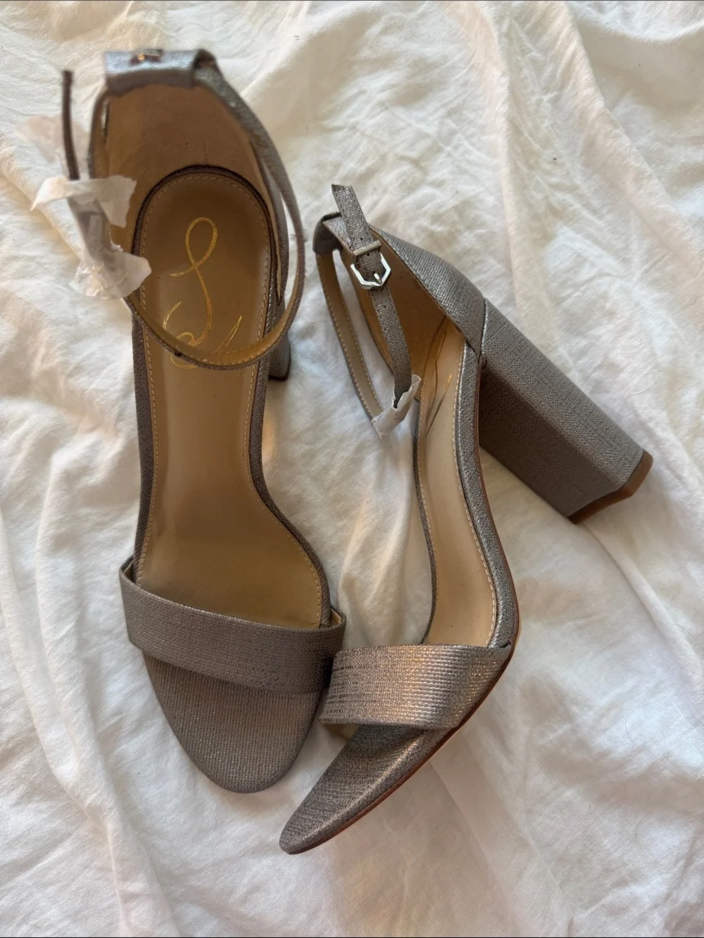 NWOT Sam Edelman Open Toe Block Heel Strappy Heels Size 9.5 Silver Graphite